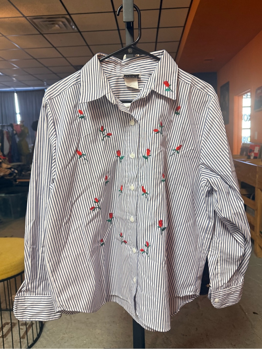 Striped Button-Down Shirt with Red Rose Embroidery